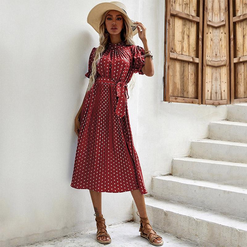 YYFS Женская мода Летние повседневные платья в горошек с коротким рукавом и круглым вырезом