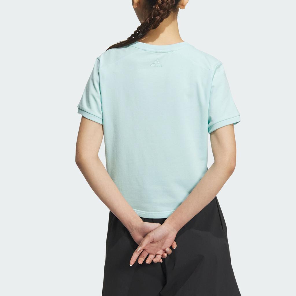 Adidas Укороченная футболка с графическим рисунком и буквенным принтом в виде логотипа с круглым вырезом и короткими рукавами, женские топы, светло-голубой JN6664