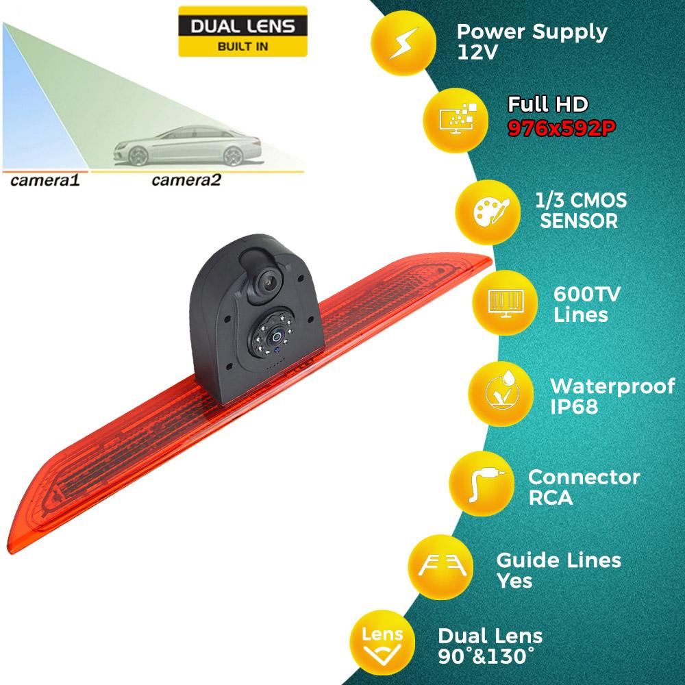 JIEPIE Twin Lens Brake Light Rear View Reverse Dual Lens Camera with 7" Room Mirror Monitor for Ford Transit MK8 (2014-Onwards)