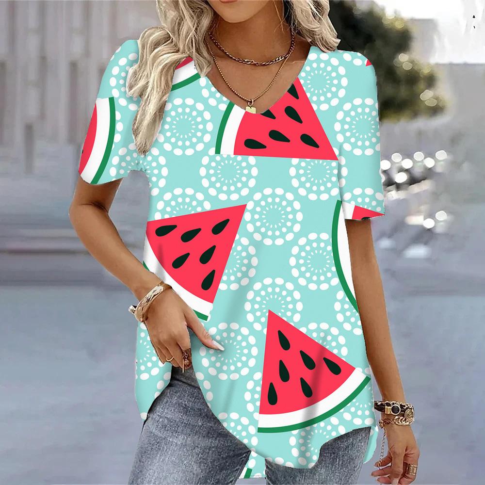 Женские футболки с v-образным вырезом и 3D принтом арбуза, летние крутые топы с короткими рукавами, модные повседневные свободные пуловеры, женские футболки