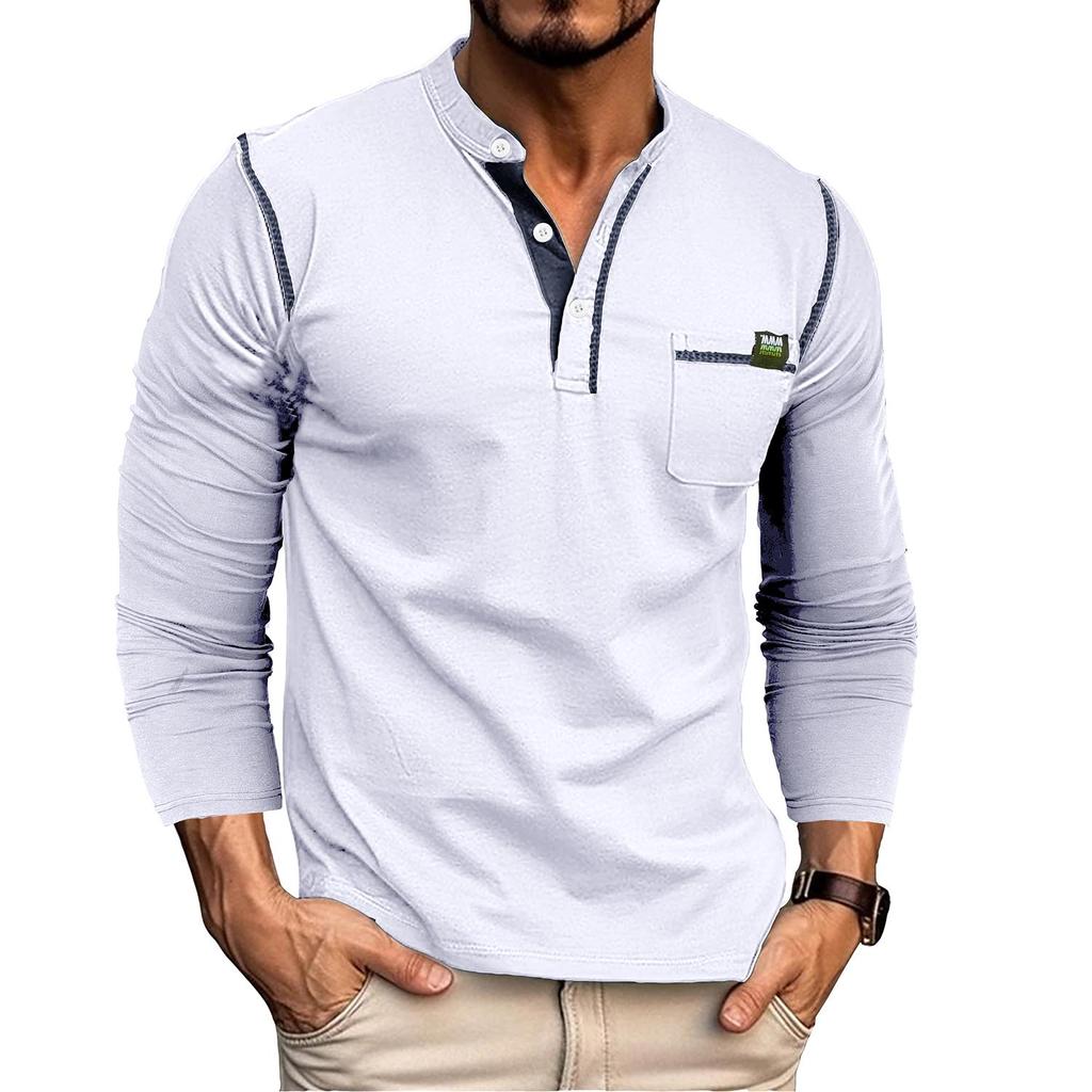 Мужские рубашки на пуговицах с длинными рукавами Хлопковые пуловеры Трикотажные футболки соответствующего цвета Пуговицы Круглый вырез Топы с нагрудными карманами Стильная повседневная мужская одежда