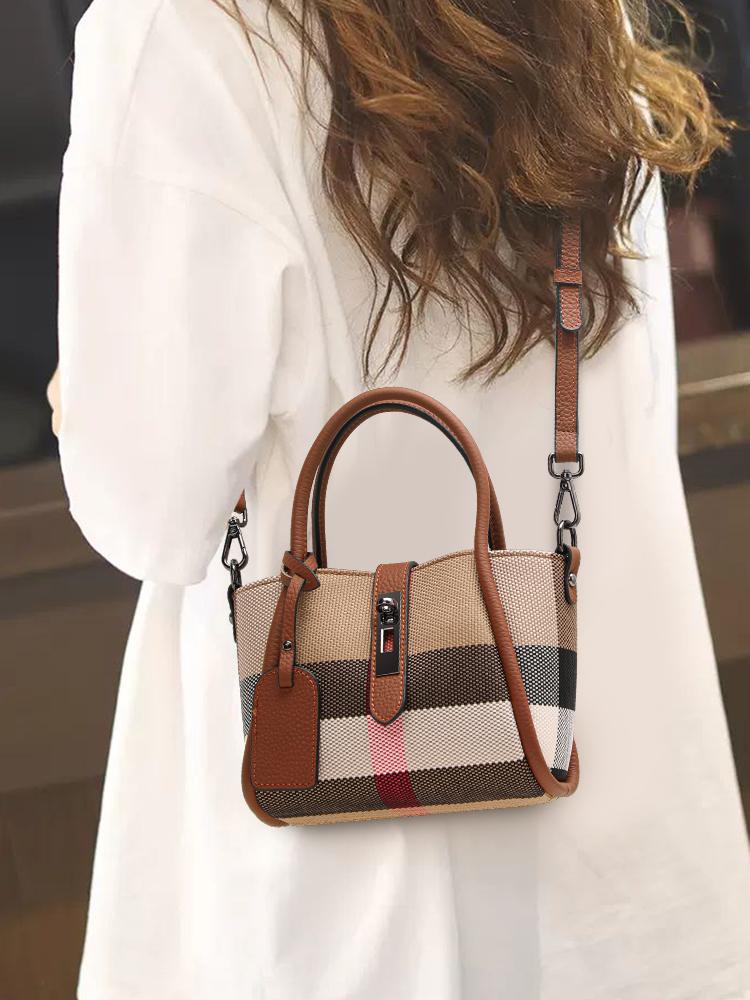 Aidrani Новая женская клетчатая сумка мини-стиля из парусины и коровьей кожи коричневого цвета