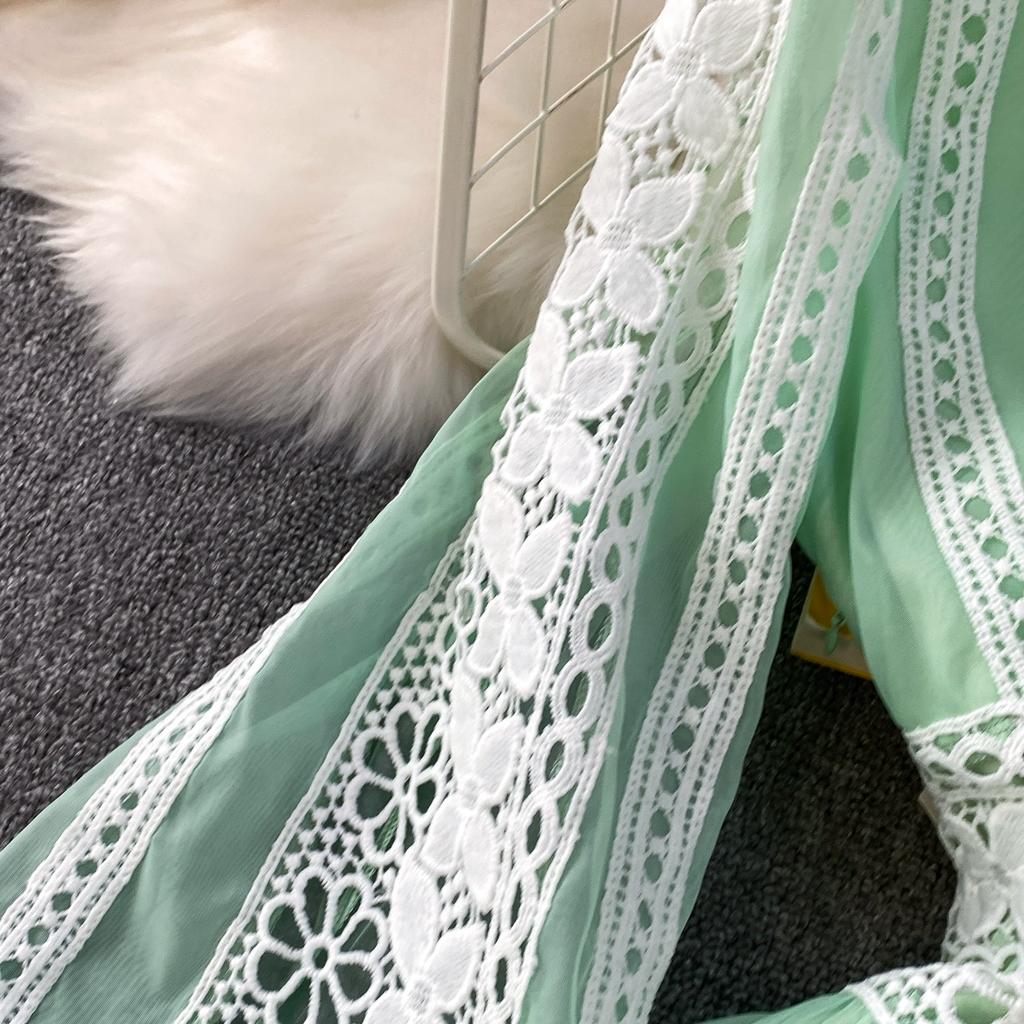 Роскошные Дизайнерские Осенние Вечерние Платья для Выпускного с Ажурной Вышивкой для Женщин, Кружевной Пэчворк, V-образный Вырез, Длинный Рукав-фонарик, Макси-платье