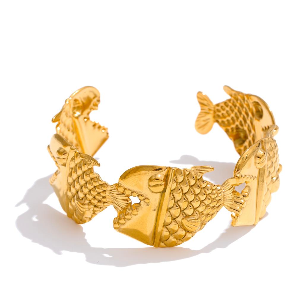 Eetit Регулируемый металлический браслет-манжета в виде рыбы акулы с 18-каратным PVD-покрытием, летний браслет из нержавеющей стали, золотой, для пляжного отдыха