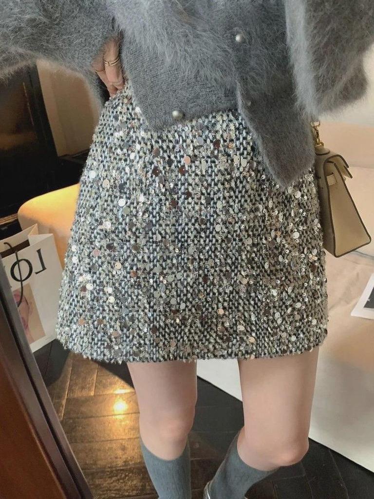 Women's High-Waisted Sequin Mini Skirt - Autumn/Winter Fashion, Slimming & Versatile, Shiny Hip-Hugging Pencil Design
