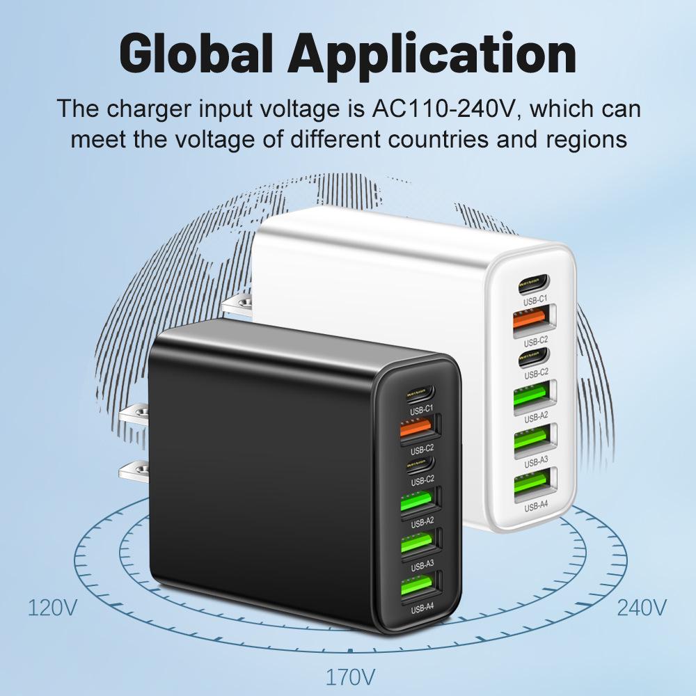 3.1A Multi-Port Charger: 2 Type-C PD + 4 USB for Mobile Phones - Travel-Friendly Charging Hub
