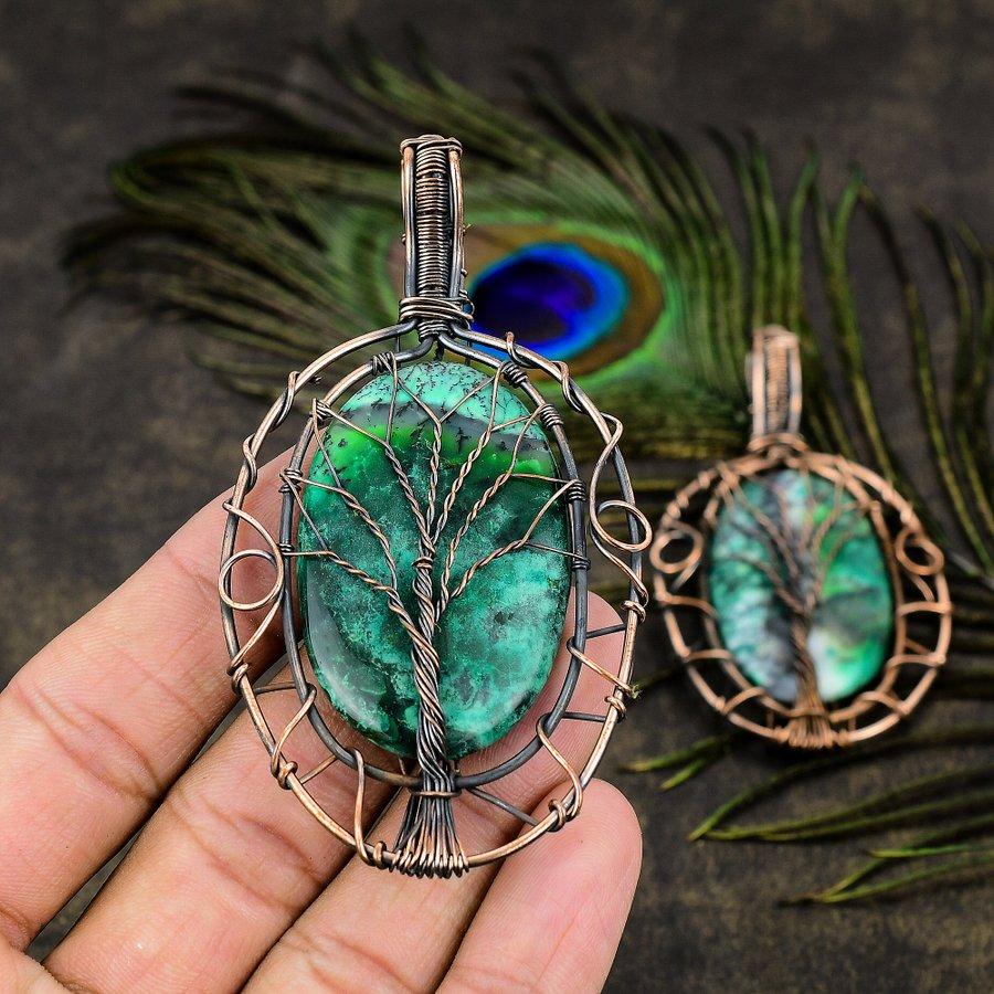 Green Dendritic Gemstone Copper Wire Wrap Jewelry Pendant 3.55"