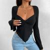 Women's T-shirt Vacation V-neck Trumpet Sleeve Waist Irregular Knitted Long-sleeved T-shirt Top