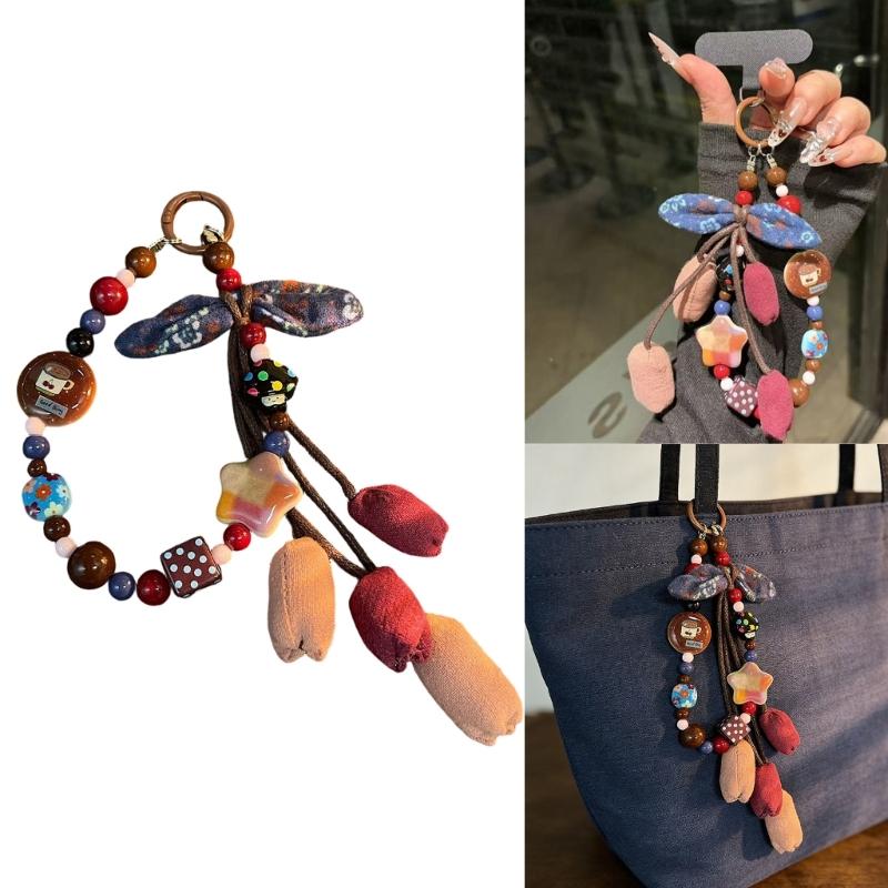 Stylish Hand Painted Ombres Star Fabric Flower Keychain Sturdy PVC Cord Unisex Keyring Bag Accessories