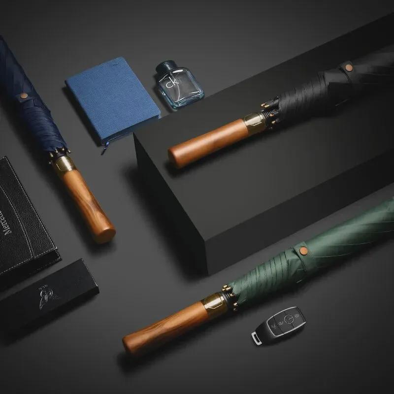 Зонт для гольфа в британском ретро-стиле — деревянная ручка, усиленная прямая штанга, защита от ультрафиолета, подарочный печатный дизайн.