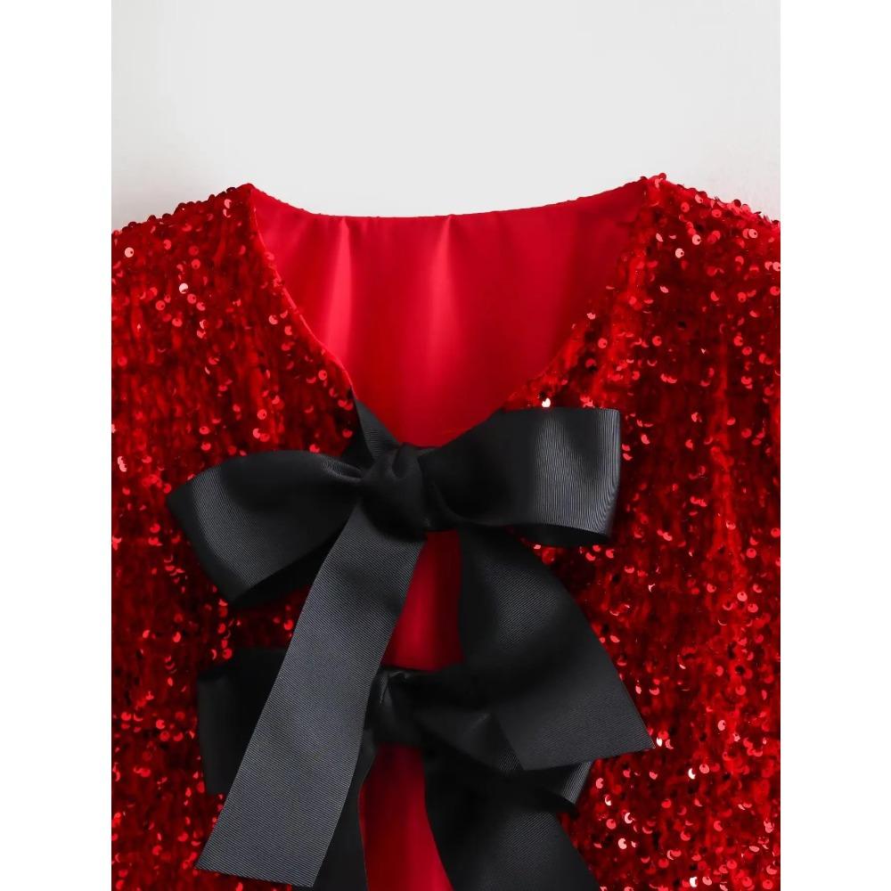 Fashion Holiday Tie-front Sequined Jacket for Women Y2K Shiny Chic Cropped Coat Female Elegant Long Sleeve Lady Party Outerwear
