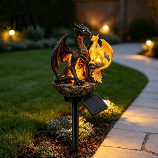 Unique Halloween Yard Ornaments Dragon Solar Garden Light, Outdoor Gothic Medieval Statue Lamp, Waterproof Decorative Porch Light Fixtures Resin
