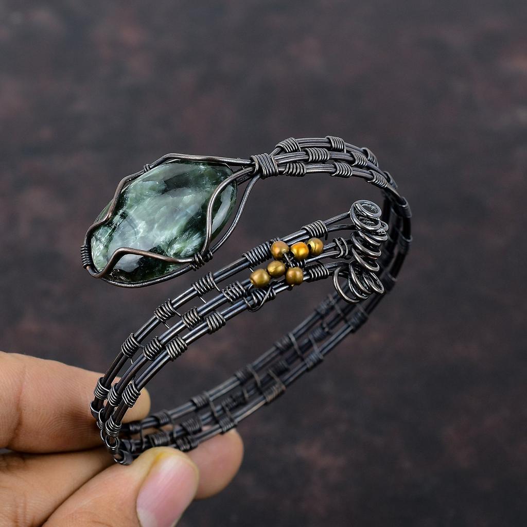 Браслет из серафинита с драгоценными камнями, браслет-манжета из медной проволоки, браслет ручной работы из меди, регулируемый браслет, ювелирные изделия из проволоки для подарка