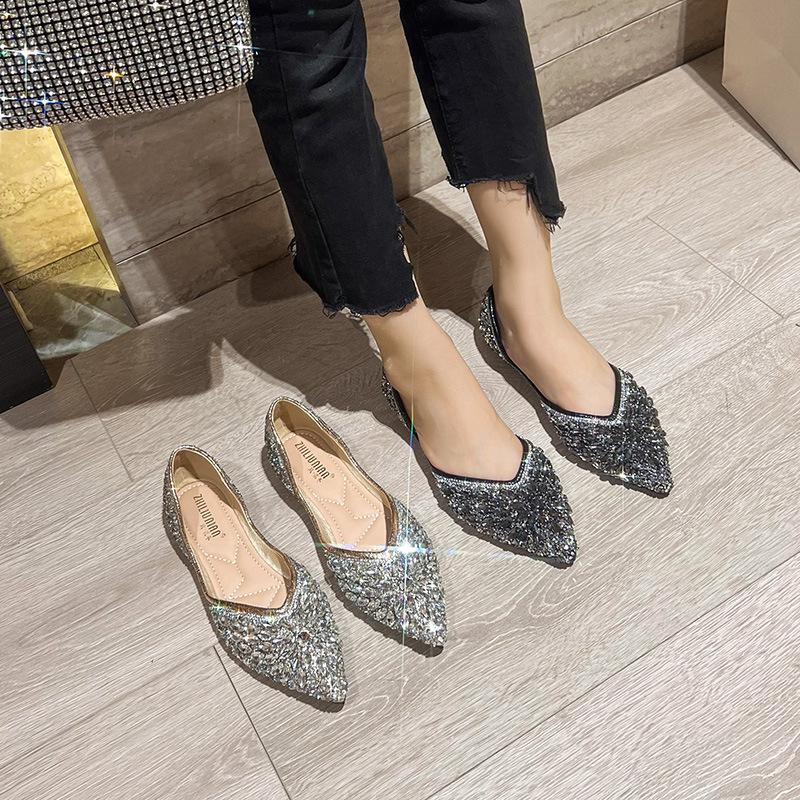 Spring New Pearl Rhinestone Shallow Mouth Square Head Single Shoes Flat Bottom Temperament
