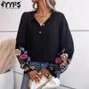 Женские модные повседневные весенне-осенние блузки и рубашки с v-образным вырезом и длинным рукавом с цветочным узором и принтом