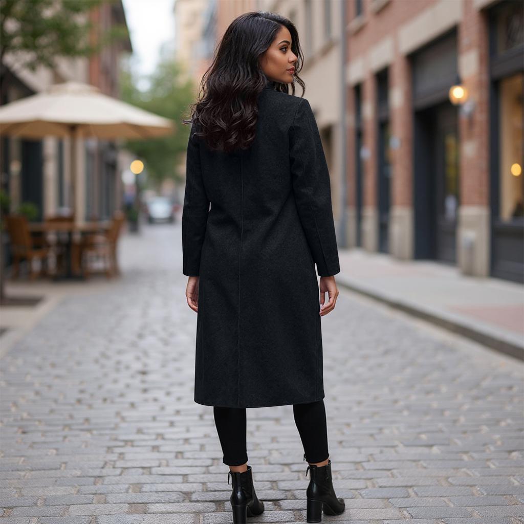 Women's Fashionable Solid-color Lapel Long-sleeved Woolen Coat