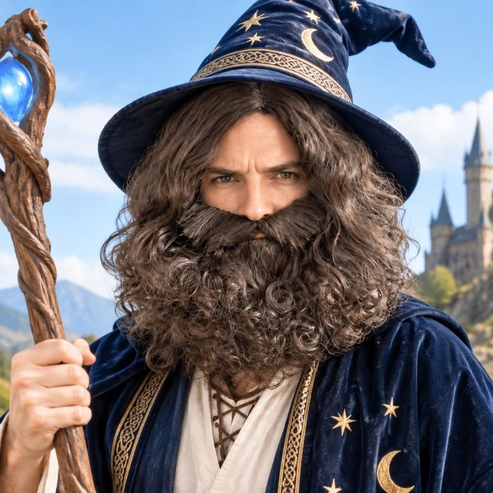 2pcs Natural Curls Curly Hair and Thick Long Beard Realistic Wizard Cosplay Set Role-Playing
