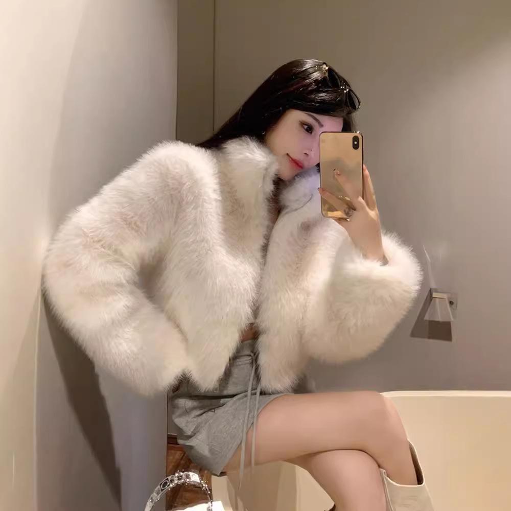 Europe, America, autumn and winter new large size fur jacket imitation fur short stand-up collar zipper jacket top women