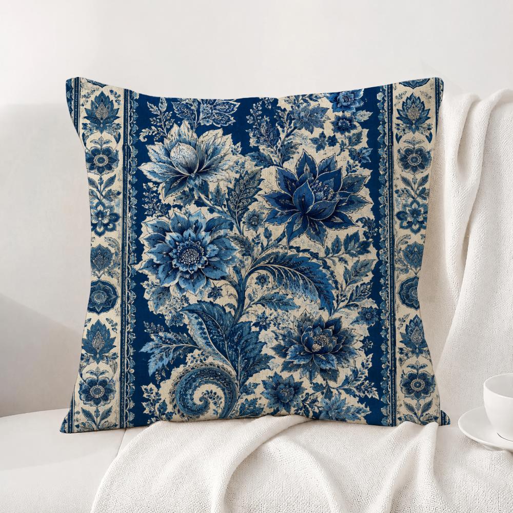 Art Vintage Blue Paisley Floral Pattern Cushion Cover Natural Linen Pillowcase Set Cushion Cover for Sofa Bedroom Chair