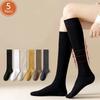 5 Pairs Women Stockings Cotton Solid Sweat-Absorbing Breathable Long Crew Socks Compression Student Girl Below Knee Calf Socks