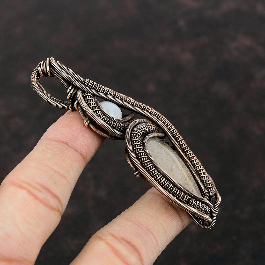 Золотой кулон с рутилом, медная проволока, кулон с драгоценным камнем, ювелирные изделия ручной работы, кулон с радужным лунным камнем, подарок для нее, медные украшения