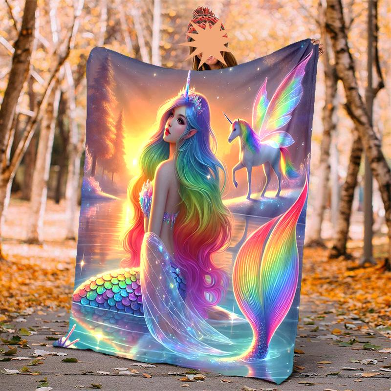 Mermaid Flannel Blanket Soft Warm All-Season Throw, Design for Camping, Car Travel, Hiking Sofa, Bed, Office Perfect Gift for Parties