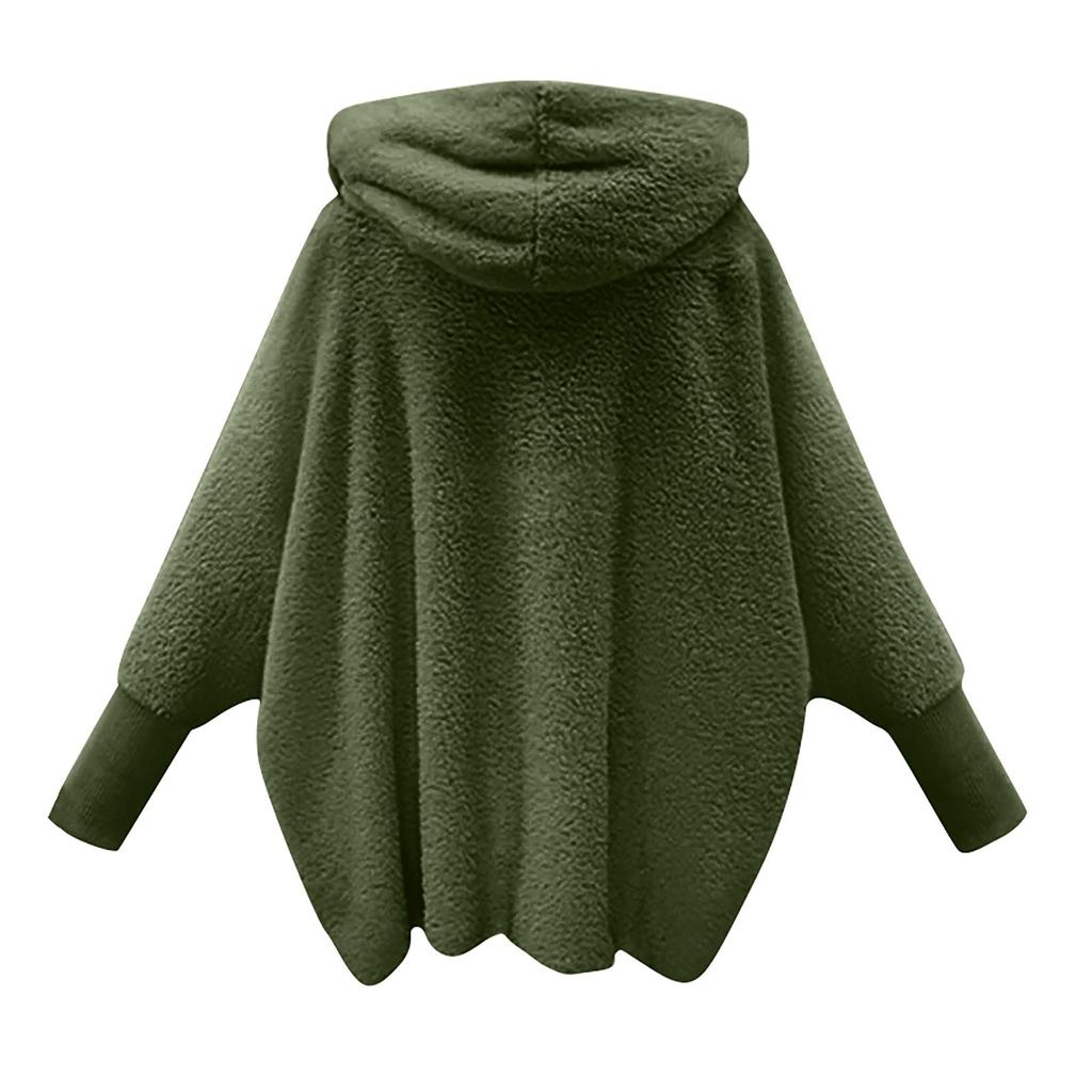 Women's Fashion Loose Retro Warm Solid Color Long Sleeve Hooded Loose Plush Fleece Jacket Women
