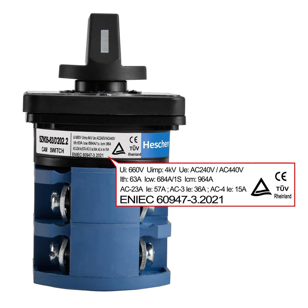 Heschen Universal Rotary Cam Selector Changeover 660V CE Switch, SZW26-63/D202.2, 63A, ON-OFF-ON, 3-Position, 2-Phase, 8-Terminal,