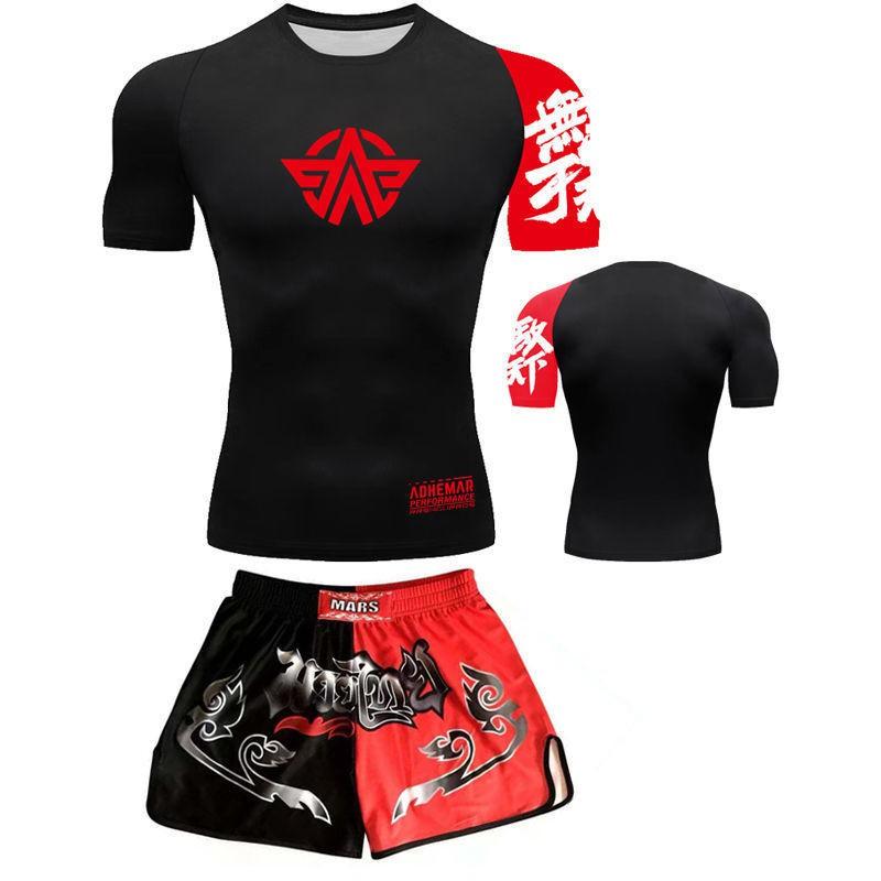 Martial Arts Training Set Mens Quick Dry Boxing Muay Thai Short Sleeve T-Shirt Shorts Sparring Fitness