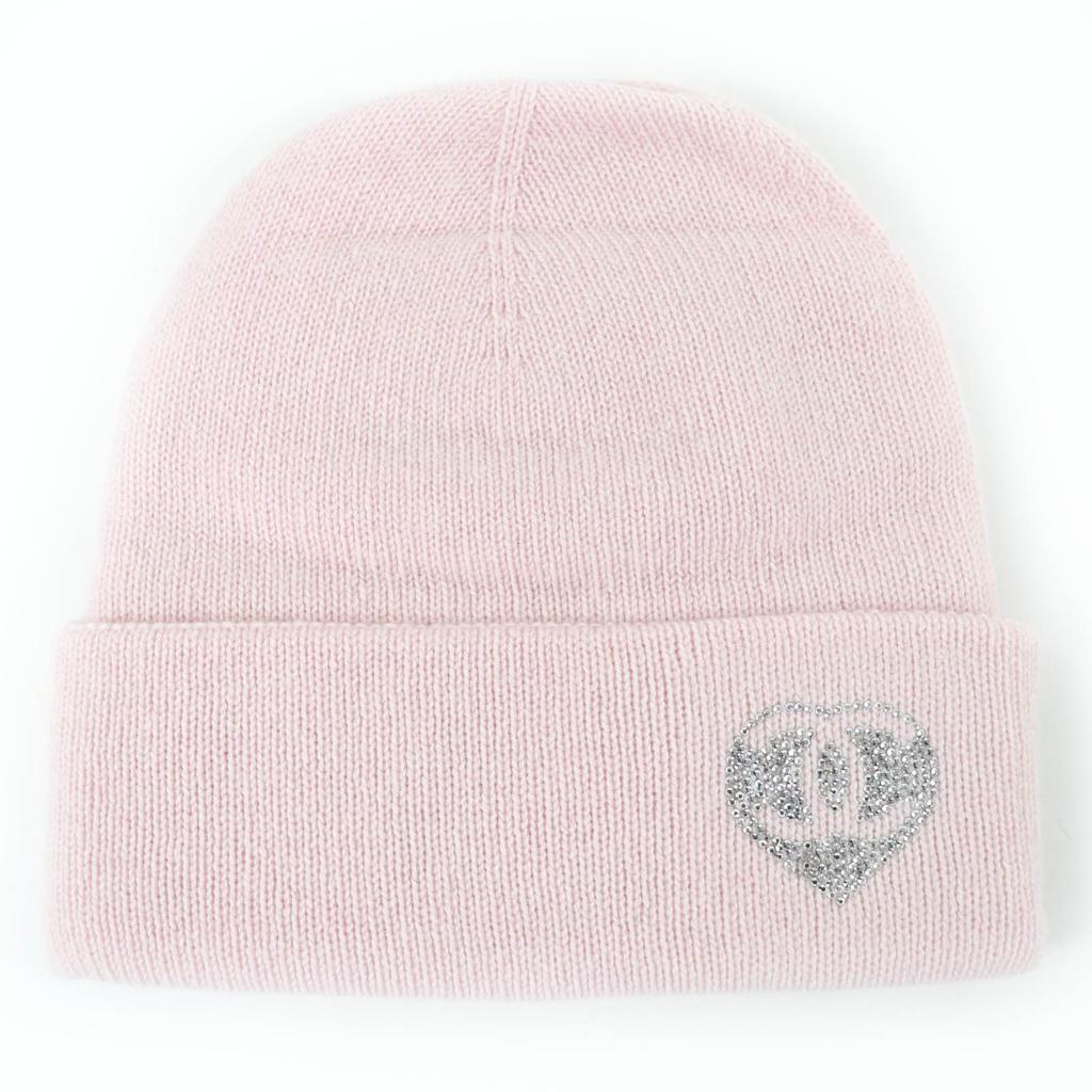 Pristine CHANEL Knit cap COCO Mark Heart Rhinestone pink cashmere Women Used