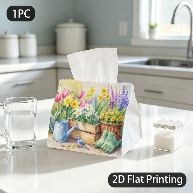 1pc Tissue Box, Watercolor Spring Garden Cheerful Floral Pattern, 2D Flat Printing, Keeps Dust Out, Folds Flat, Napkin Dispenser, for Auto Use, 2D Fla