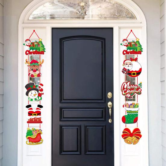 1 Pair Christmas Door Decoration Merry Christmas Hanging Sign Cartoon Santa Claus Snowman Holiday Decor for Home Wall Front Door