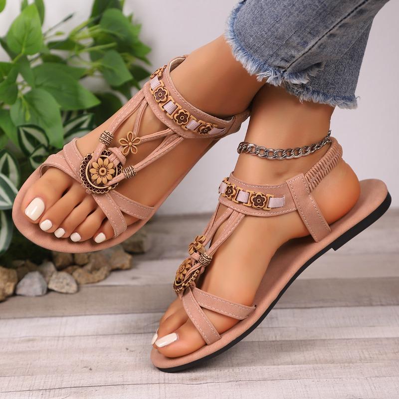 Fashion Vintage Ethnic Wind Soft Sole Sandals Women Boho Beaded Non-Slip Vacation Seaside Flat Beach Shoes Plus Size