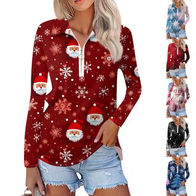 Женская мода весна осень повседневная рождественская принтованная молния V-образный вырез длинный рукав рубашка топ