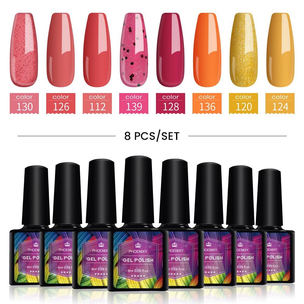 PHOENIXY 8 мл набор гель-лаков для ногтей 8 цветов УФ-гель-лак для ногтей стартовый набор Soak Off блестящий блестящий гель-лак для ногтей набор лаков для ногтей подарки маникюрный набор