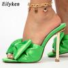 Fashion Eilyken 2025 New Arrival Silk Butterfly-knot High Heels Women Slippers Sandals Square Toe Party Mule Slides Shoes