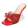 Красные сандалии на шпильке с неглубоким носком, модные модные тапочки большого размера на высоком каблуке, модные босоножки с открытым носком и бантом WZ