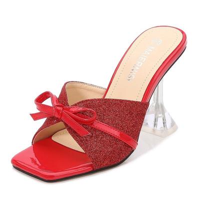 Красные сандалии на шпильке с неглубоким носком, модные модные тапочки большого размера на высоком каблуке, модные босоножки с открытым носком и бантом WZ