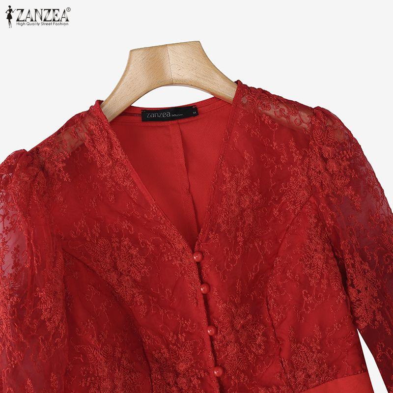 ZANZEA Женская повседневная блузка с V-образным вырезом, рукавом 3/4 и кружевной вставкой, приталенного силуэта