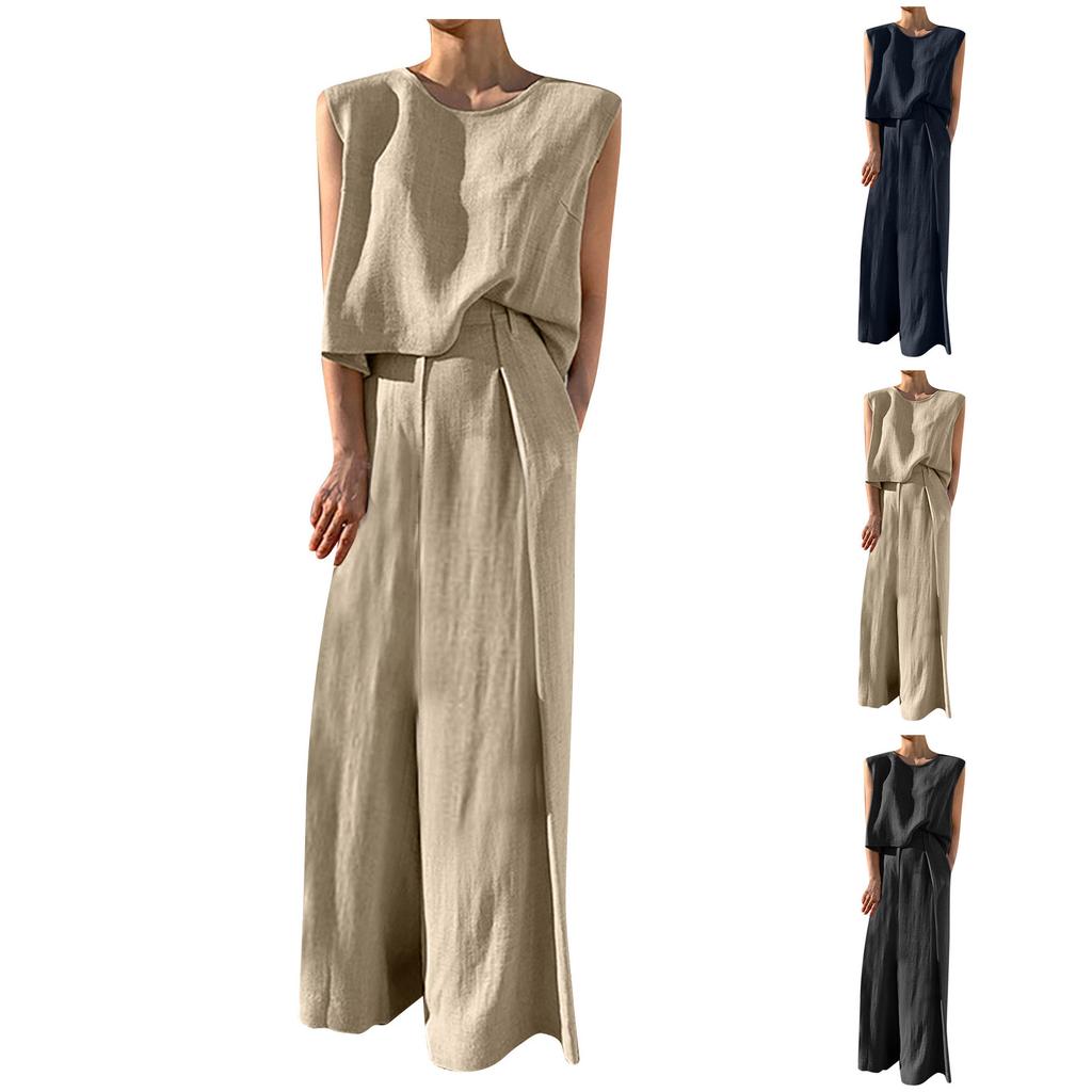 Fashion Women's Casual Sleeveless Pullover Cotton Linen Wide Leg Pants Solid Color Suit