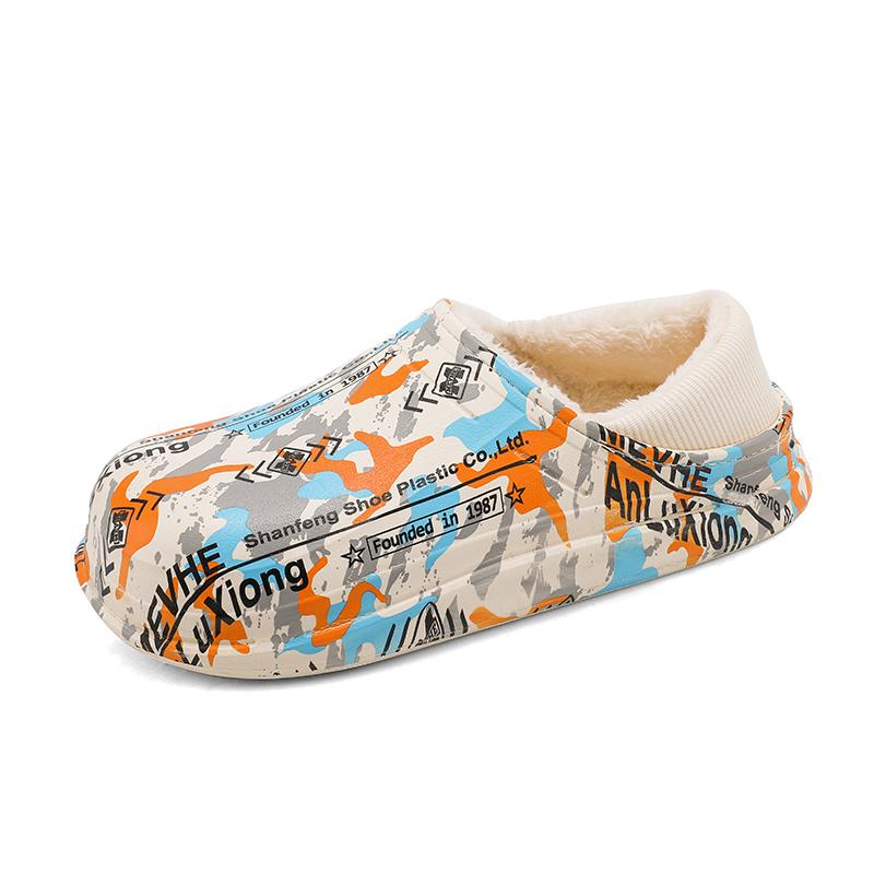 Модные зимние мужские тапочки из хлопка с рисунком для дома и улицы, толстые, плоские, на меху, нескользящие, плюшевые, водонепроницаемые, без застежек, для улицы