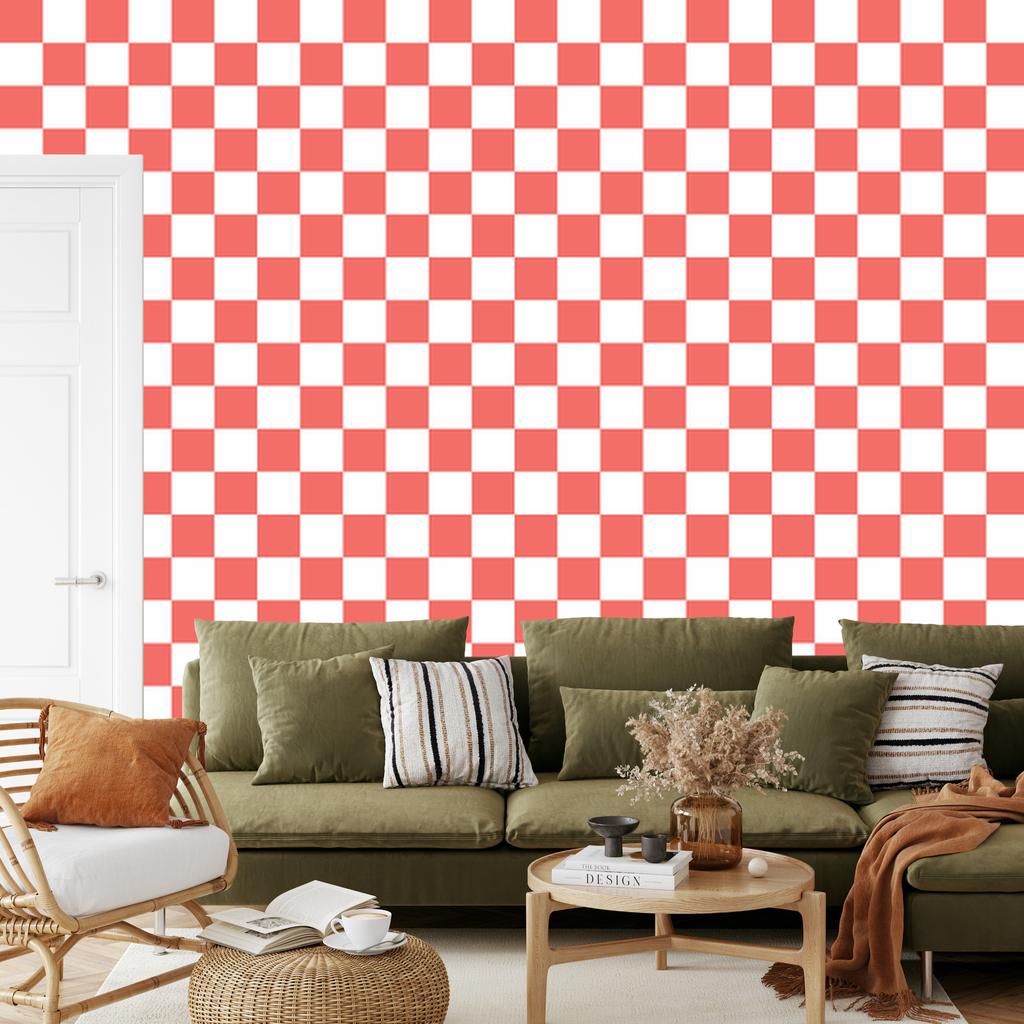 Checkerboard Wallpaper Coral, Coral Center for Living Room and Bedroom 50x1000