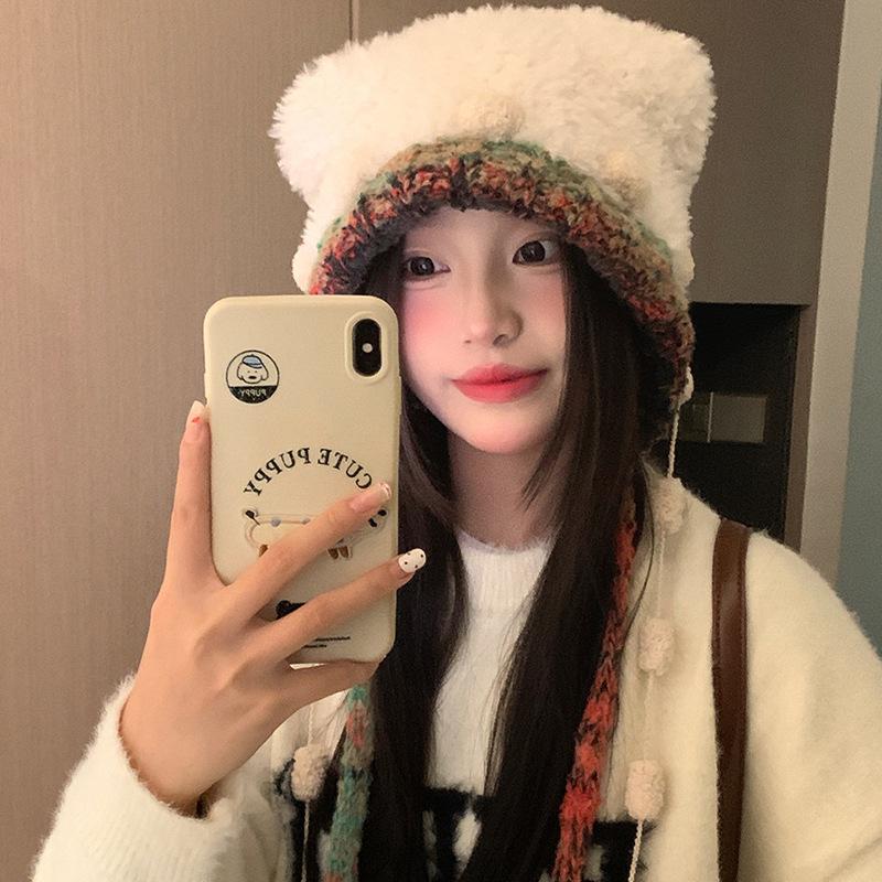 Осень и зима милая плюшевая вязаная шапка с медведем детская цветная шапка с защитой ушей на завязках показывает маленькое лицо