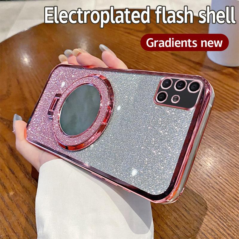Cute Mirror Glitter Silicone Case For Samsung Galaxy A50 A51 A52 A52S A53 A54 A55 Magnetic Bracket Simple Shockproof Back Cover