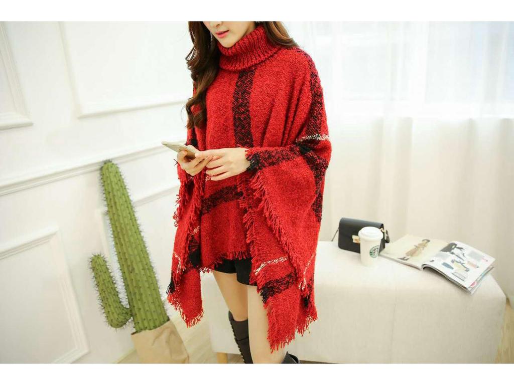 European and American High Neck Plaid Cape - Batwing Sleeve Knitted Pullover Shawl for Women