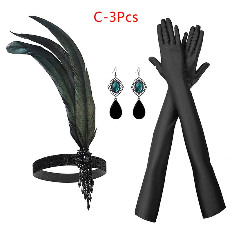 1 комплект Костюм Флэппер 1920-х годов для косплея Повязка на голову с перьями Жемчужное ожерелье Длинные перчатки Аксессуары для маскарада в стиле Гэтсби