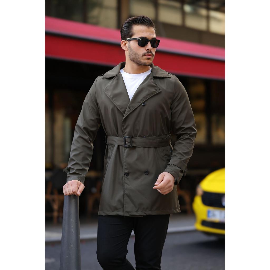 Мужской черный водо- и ветрозащитный плащ с поясом, верхнее пальто