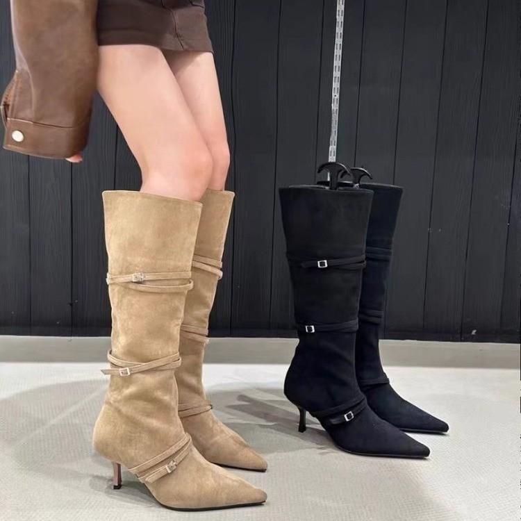 High Heels Suede Women High Boots Pointed Toe Sexy Shoes Knee High Fashion Chelsea Boots 2024 Trend Winter Pumps Botas De Mujer