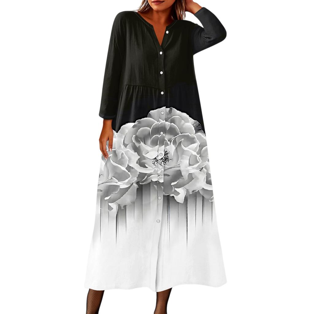 Women's Fashionable Printed Round Neck Seven Quarter Sleeve Button Loose Shirt Dress