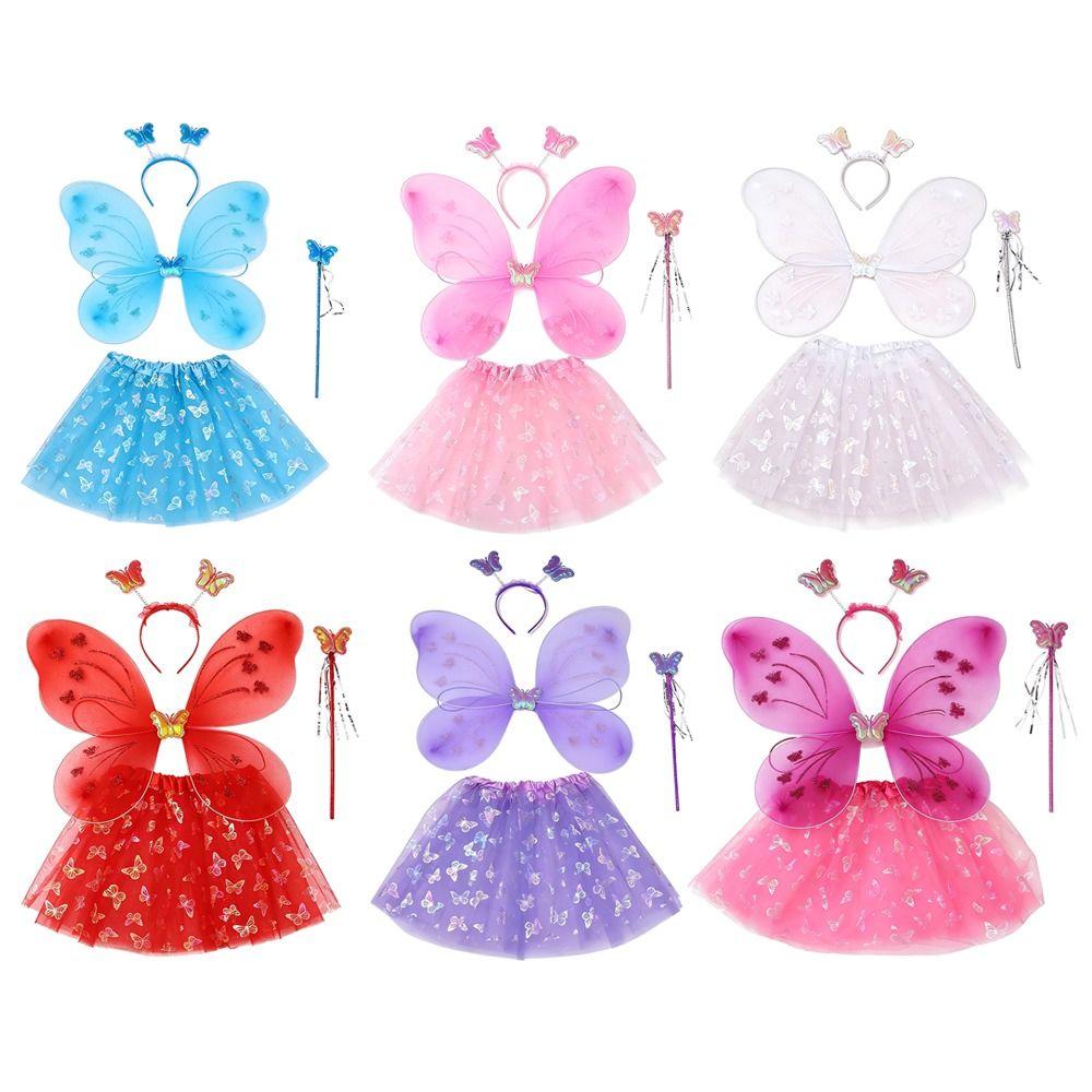 4Pcs/Set Fairy Princess Costume Butterfly Wings Puff Skirt Butterfly Wing Set Tutu Skirt Fairy Wand Fairy Wings